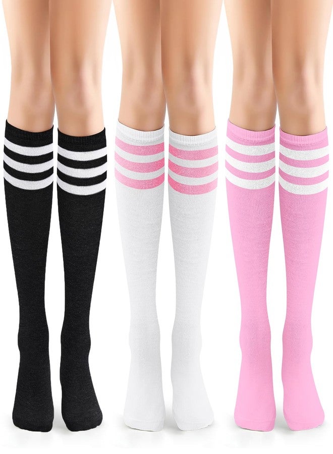 Prupoky Womens Knee High Socks Long Sock for Women Athletic Sports Thigh High Stockings Casual Striped Tube Socks for Women 3 Pack White Pink Black - Image 1